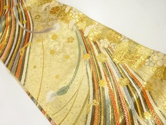 佐賀錦組紐に桜・笠松模様織出し振袖用袋帯